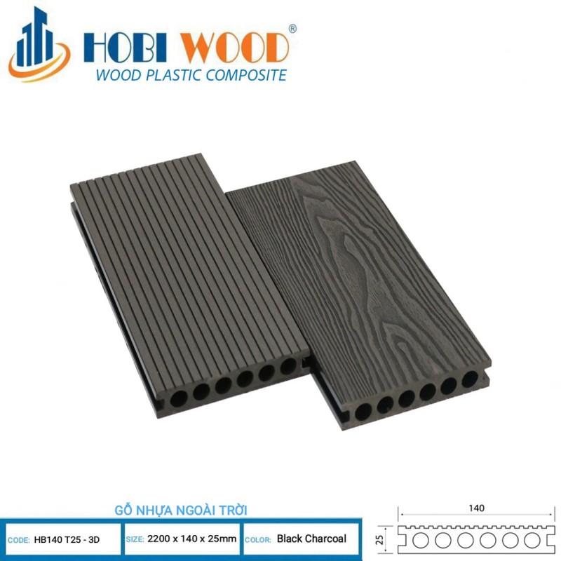 WPC decking Hobi Wood HB140T25-3D Black Charcoal